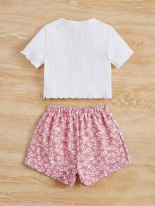 SHEIN 女童夏季休闲度假通勤纯色罗纹荷叶边短袖T恤和碎花短裤套装 - 粉色 - 查看 2