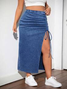 SHEIN ICON Plus Size Women Elastic Waist Side Drawstring Slit Hem Denim A-Line Skirt - Dark Wash - View 6