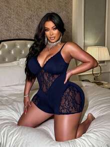 NU&NOW Plus Size Women Lace Patchwork Sexy Daily Wear Date Night Jumpsuit Navy Blue Summer - Navy Blue - View 7