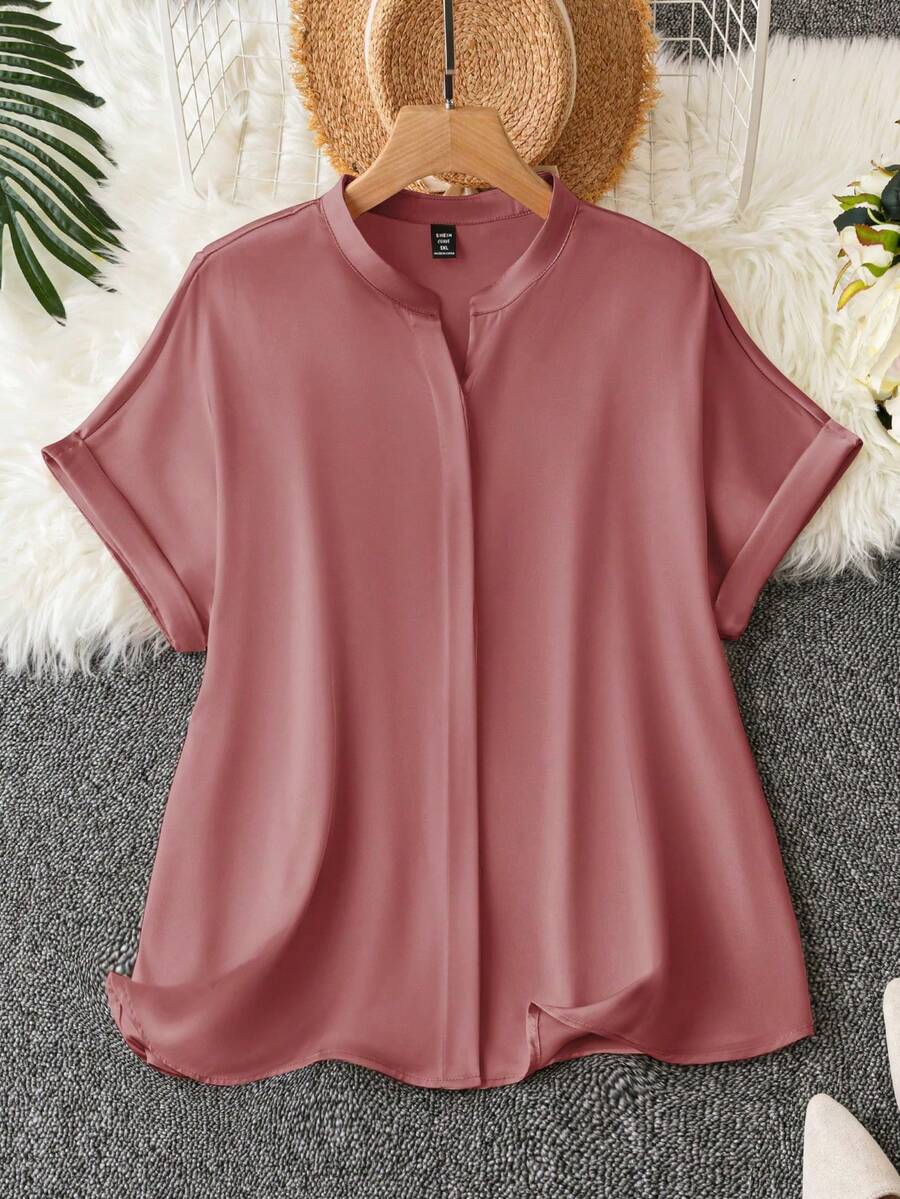 SHEIN Clasi 大码纯色翻领短袖袖口休闲衬衫,夏季 - 粉色 - 查看 1