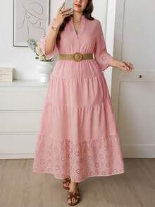 SHEIN LUNE Vestido con cuello en V, dobladillo con volantes y bordado calado para mujer de talla grande - Rosa - Ver 6