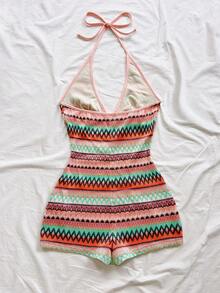 Soleia Multicolor Knitted Striped Halter Backless Mini Jumpsuit,Mint Green,Summer,Boho,Beach Vacation,Holiday,Holiday,New Year,Carnival,Party,Afternoon Tea - Multicolor - View 2