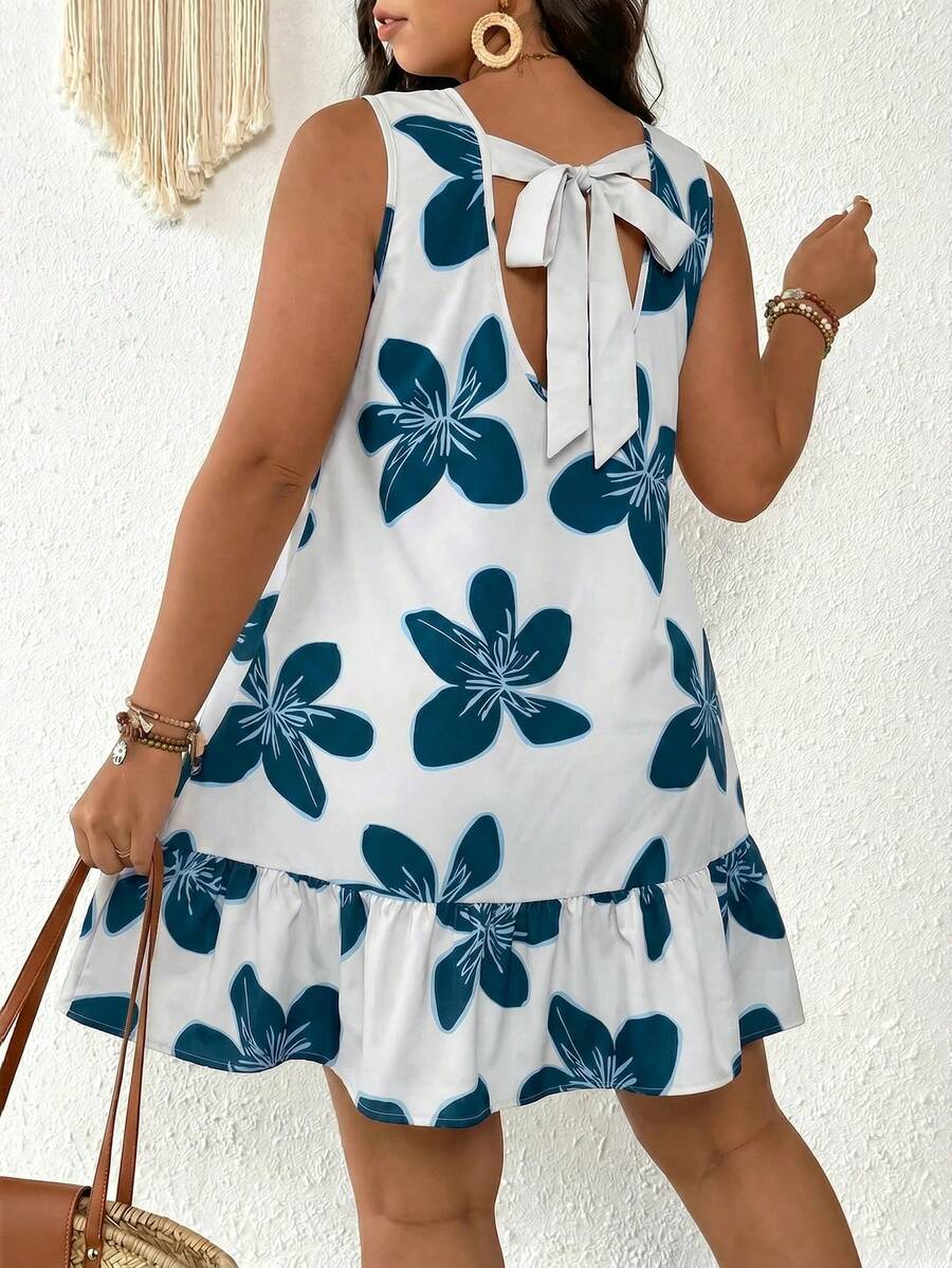 SHEIN Frenchy Vestido de vacaciones con estampado floral y volantes para mujer de talla grande