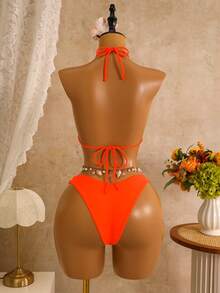 Swim Mod Women's Solid Color Halter Bikini Set, Summer Beach Vacation - Burnt Orange - View 7