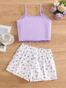 Women's Lace Trim Ribbed Camisole And Ditsy Floral Shorts Casual Knit Pajama Set - Purple - View 3