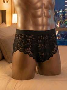 SHEIN 男士性感蕾丝拼接半透明三角裤 - 黑色 - 查看 3