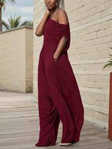 INAWLY Solva Plus Size Summer Solid Color Loose Asymmetrical Shoulder Harem Jumpsuit - Burgundy - View 2