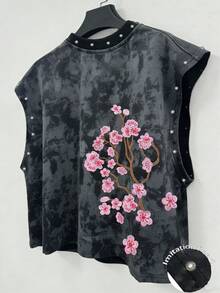 Manfinity EMRG Unisex Casual Cherry Blossom Print Faux Pearl Decorated Tank Top, Suitable For Music Festivals, Holiday - Black - View 3