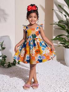 SHEIN Blue Butterfly Summer Matching Family Vacation Holiday Girls Vibrant Floral Pattern A-Line Dress,Ruffle Sleeve Cutout Back Bow Knot Party Mini Dress - Orange - View 4
