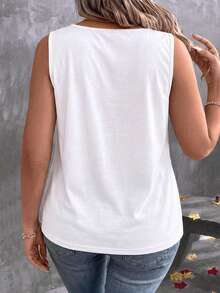 EMERY ROSE Plus Size V-Neck Striped Print Patchwork White Casual Tank Top - Multicolor - View 2