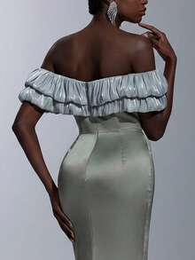 Elitara Elegant Minimalist Classical Design Woven Off-Shoulder Romantic Pleated Double-Layer Mermaid Hem Formal Evening Gown - Green - View 6