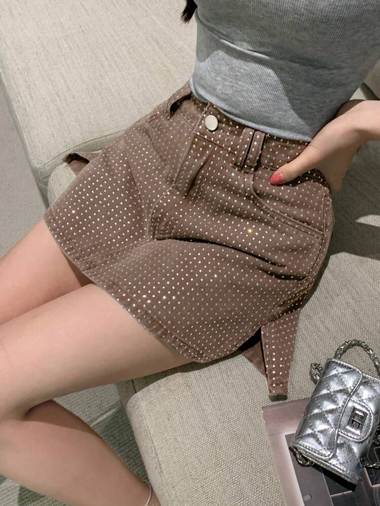 Spring Summer Hot Girl Retro Rhinestone Decorated Wedding Banquet Fashion Party Brown Casual Vacation Street Beach Beach Women's Denim Skirt