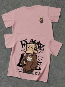 Manfinity Homme Áo thun nam cỡ lớn màu hồng in hình hoạt hình trừu tượng graffiti đường phố - Hồng - Xem 2