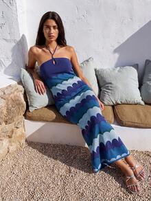 Nöista ]Knit Maxi Dress With A Halter Neckline And Keyhole Front Detail.Features Bold Scallop-Inspired Stripes In Layered Blue.Ideal For Vacations, Beach - Multicolor - View 2