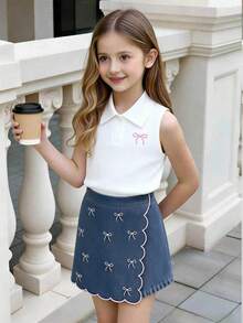 SHEIN Elladie kids 2pcs/Set Toddler Girls Summer New White Textured Knit Fabric Collar Bow Embroidered Vest Top And Denim Skort With Ruffle Hem Vintage Cute Outfit - White - View 9
