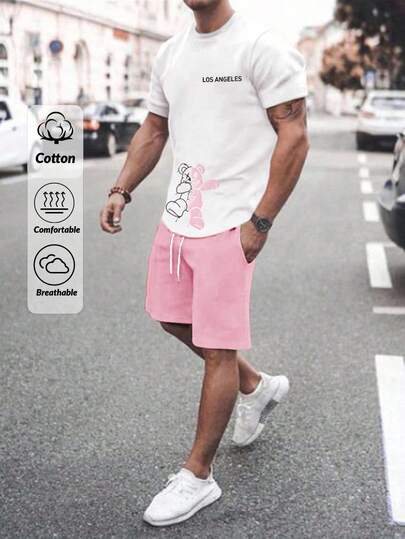 EURMUSE Ensemble de t-shirts réguliers pour hommes en coton avec impression d'ours et de lettres