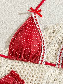 Swim Mod 2pcs Polka Dot Print Triangle Halter Bikini Set With Ruffle Hem Bottoms, Cute Girl Swimwear - Multicolor - View 3