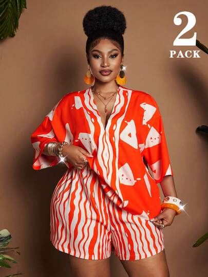Maweii Women's Casual, Minimalist, Retro, Daily, Comfortable, Suitable For Vacation, Beach, Picnic, V-Neck, Short Sleeve, Drop Shoulder, Orange Geometric Print, Contrast Color, Loose Top And Elastic Waist, A-Line, Short Pants Plus Size 2-Piece Set