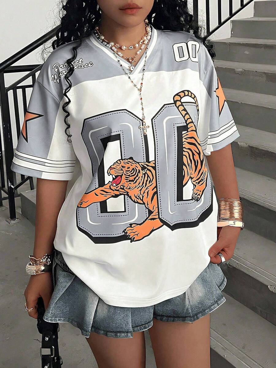 Rovax Plus Size Summer Casual Colorblock Tiger Print T-Shirt - Multicolor - View 1