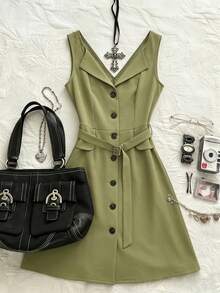 Fine & Folde Sleeveless Waist-Cinched A-Line Elegant Romantic Sophisticated Dress For Women - Army Green - View 3