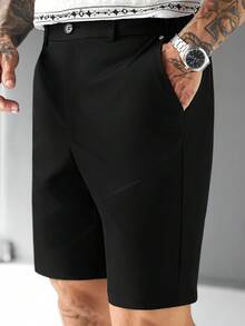 SLATEMANN Pantalones cortos casuales versátiles de uso diario para hombre, unicolor, con bolsillo y botones, para vacaciones - Negro - Ver 4