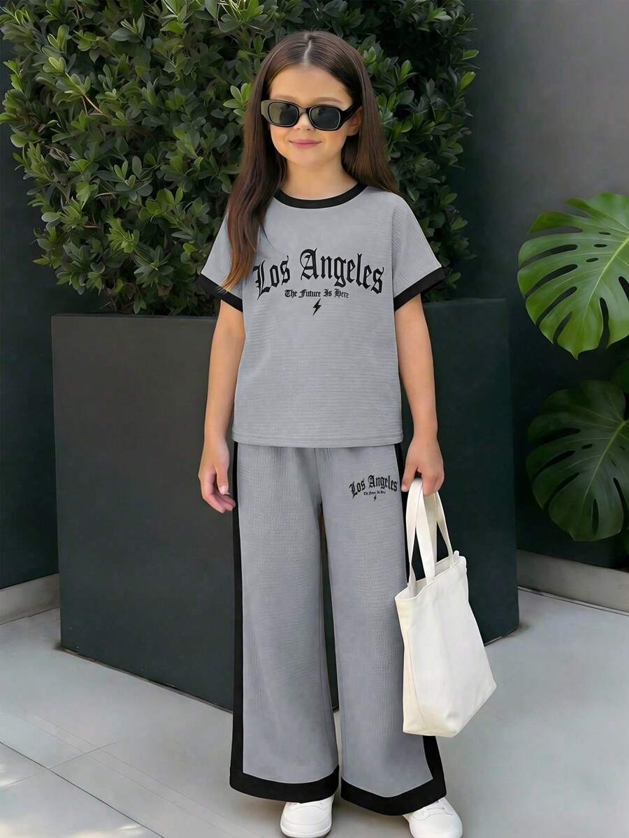 青少年女孩休閒百搭日常穿搭黑白對比滾邊圓領插肩袖T恤 + 直筒針織長褲套裝 - 灰色 - 查看 1