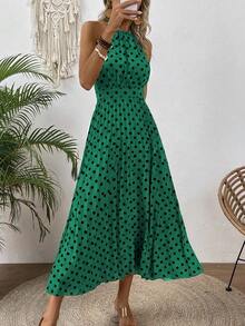 EMERY ROSE Women's Polka Dot Halter Sleeveless Dress Maxi Vacation Beach Outfit - Dark Green - View 3