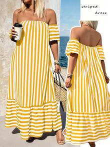 Breezaya Plus Size Striped Print Fitted Ruffle Hem Short Sleeve Dress - Yellow - View 1