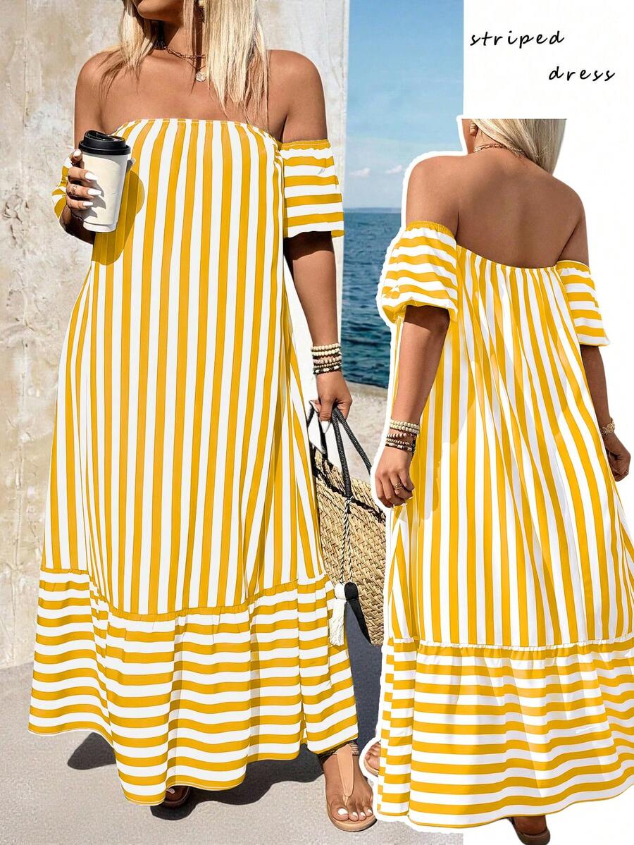Breezaya Plus Size Striped Print Fitted Ruffle Hem Short Sleeve Dress - Yellow - View 1