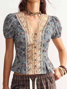 Bohemela Camisa casual de mujer con estampado tejido y encaje en contraste - Azul - Ver 3