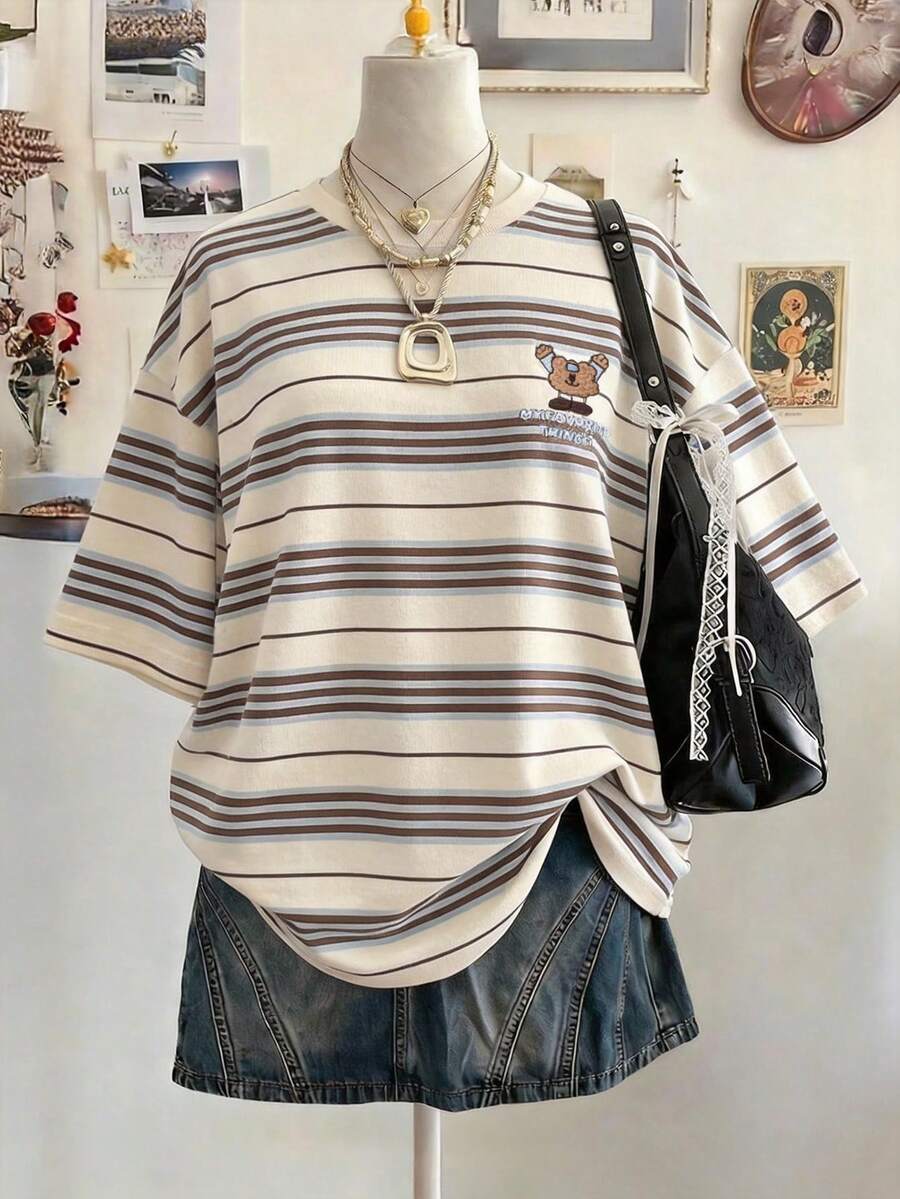 Lalippa Striped Digital Print Fashionable Minimalist Oversized Mid-Length Round Neck Drop Shoulder Women T-Shirt, Gift For Friends - White - View 1