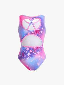 SHEIN 女童休闲日常时尚明星扎染印花连体运动服，修身设计防止走光，适合运动、体操和舞蹈比赛，四季皆宜，女童无袖运动服，多种颜色可选，印花精致，舒适弹力。 - 粉色 - 查看 5