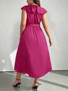 SHEIN Clasi Plus Size Solid Color V-Neck Ruffle Trim Party Dress Maxi Women Outfit - Hot Pink - View 2