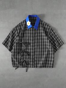 ROMWE MEN Men's Plaid Print Contrast Collar Casual Short Sleeve Shirt - Black - View 6