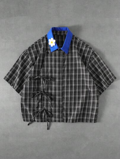 ROMWE MEN Men's Plaid Print Contrast Collar Casual Short Sleeve Shirt