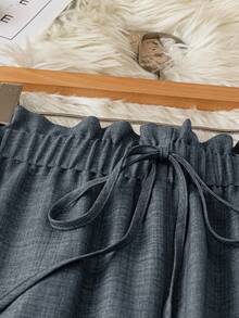 DreamSkyne Plus Size Women Solid Color Ruffle Waist Tie Casual Pants - Dusty Blue - View 3