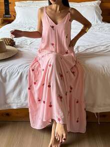 DAZY Floral Print Sleeveless Dress, Vacation Style Summer Nightgown For Women Pajamas - Pink - View 1