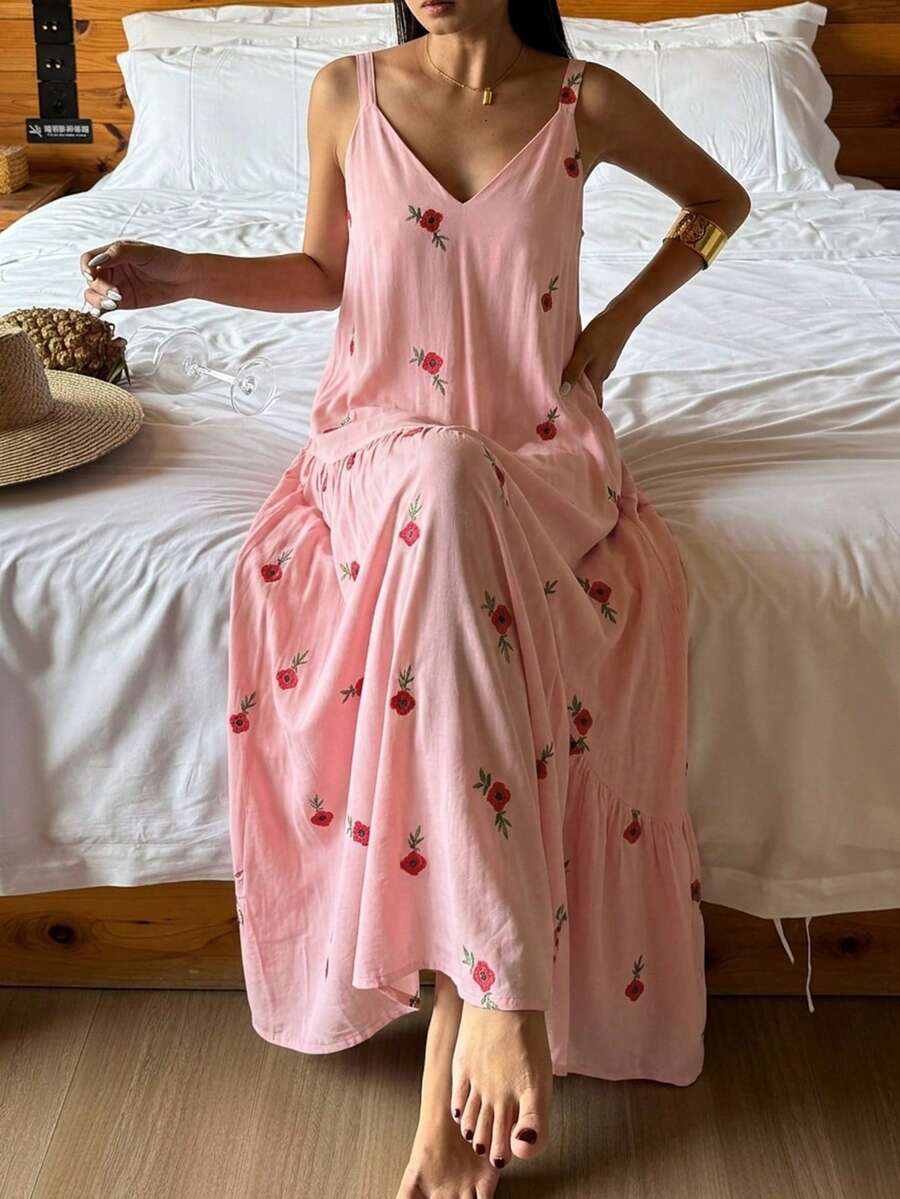 DAZY Floral Print Sleeveless Dress, Vacation Style Summer Nightgown For Women Pajamas - Pink - View 1