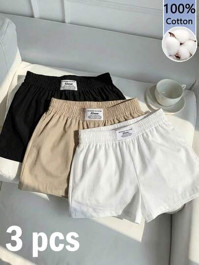 Comfortcana paquete de 3 pantalones cortos de mujer 100% algodón de longitud corta (negro, blanco, marrón claro, estampado de camuflaje) - Pantalones cortos de tela tejida cómodos para uso diario, perfectos para el verano y todo el año, para el hogar, la escuela, los deportes, el gimnasio, el streetwear, los estilos "chica cómoda" y "chica limpia"
