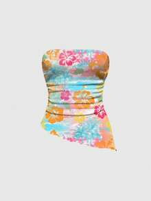 ROMWE Avant Top corto sexy con abertura alta en la primavera/verano con estampado de hibisco en rosa y azul - Amarillo - Ver 3