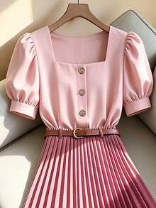 SHEIN Raffinéa Dusty Rose,Summer,Elegant,Brunch Pearl Button Square Collar Puff Sleeve Shirt & Caramel Brown Pleated Maxi Skirt 2-Piece Set, Commuting Set - Pink - View 5
