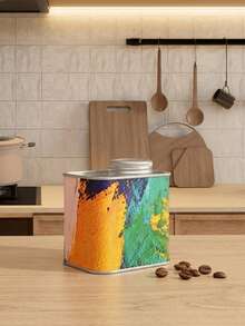 Cirelle 1pc Airtight Coffee Bean Tin Canister, Vintage Oil Painting Metal Tea Storage Box, Square Tinplate Container With Screw Lid For Countertop - Multicolor - View 2