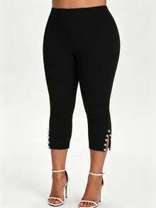 SHEIN Plus Size Women Casual Versatile Side Slit 3/4 Pants - Black - View 5