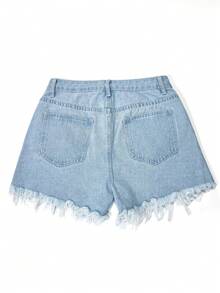 SHEIN PETITE Damen Hellblaue Denim Shorts mit ausgefranstem Saum, Sommer, Petite Frauen - Helle Waschung - Übersicht 2