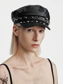 MortiRose 1pc Women's Fashion Rivet Decor Metal Leather Belt Buckle Beret Hat - Black - View 7