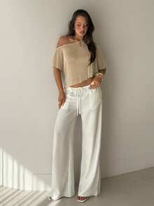 Aloruh Solid Color Asymmetric Neckline Sheer Cover Up With Metallic Threads - White - View 4