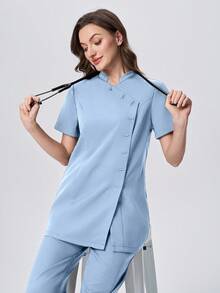 Scrubzie 防皱立领短袖多扣女式手术服套装（上衣和裤子） - 淺藍色 - 查看 3