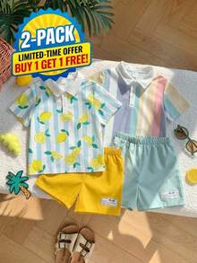 SHEIN 2pcs/Set Young Boy Striped Polo Shirt And Shorts Outfit For Summer,Matching Family Vacation,Casual Fashion Minimalist Soft Loose Korean Style Set - Yellow - View 3