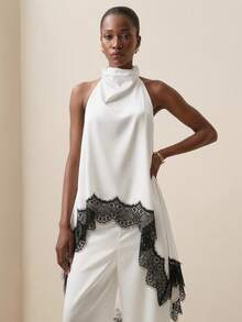 Briarwyn Summer Women's Satin Lace Patchwork Asymmetric Hem Sleeveless Top And Long Pants Elegant Suit Cocktail Evening Party Black White,Elegant Set - White - View 4
