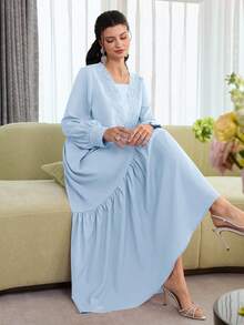 Al Najma 优雅花卉蕾丝拼接宽松飘逸派对长袍，女士款 - 藍色 - 查看 8